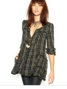 Free People Olive and Black Plaid Ruffled Tunic